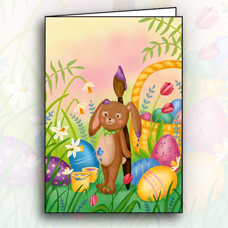 Ευχετήρια κάρτα με φάκελο και γκλίτερ Gollong - Το Λαγουδάκι ζωγραφίζει