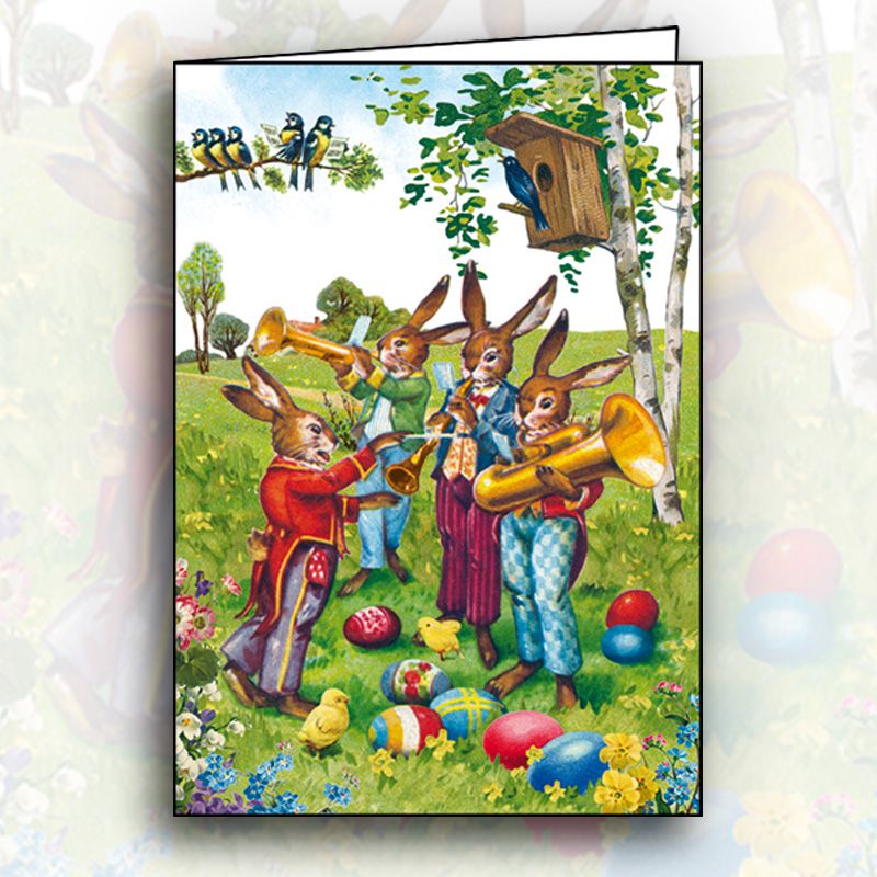 Ευχετήρια κάρτα με φάκελο και γκλίτερ Gollong - Λαγουδάκια μουσικοί