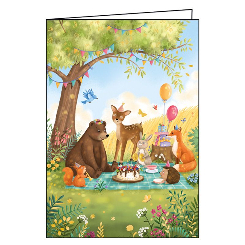 Ευχετήρια κάρτα γενεθλίων με φάκελο και γκλίτερ Gollong - Ζώα του δάσους και το δεντράκι